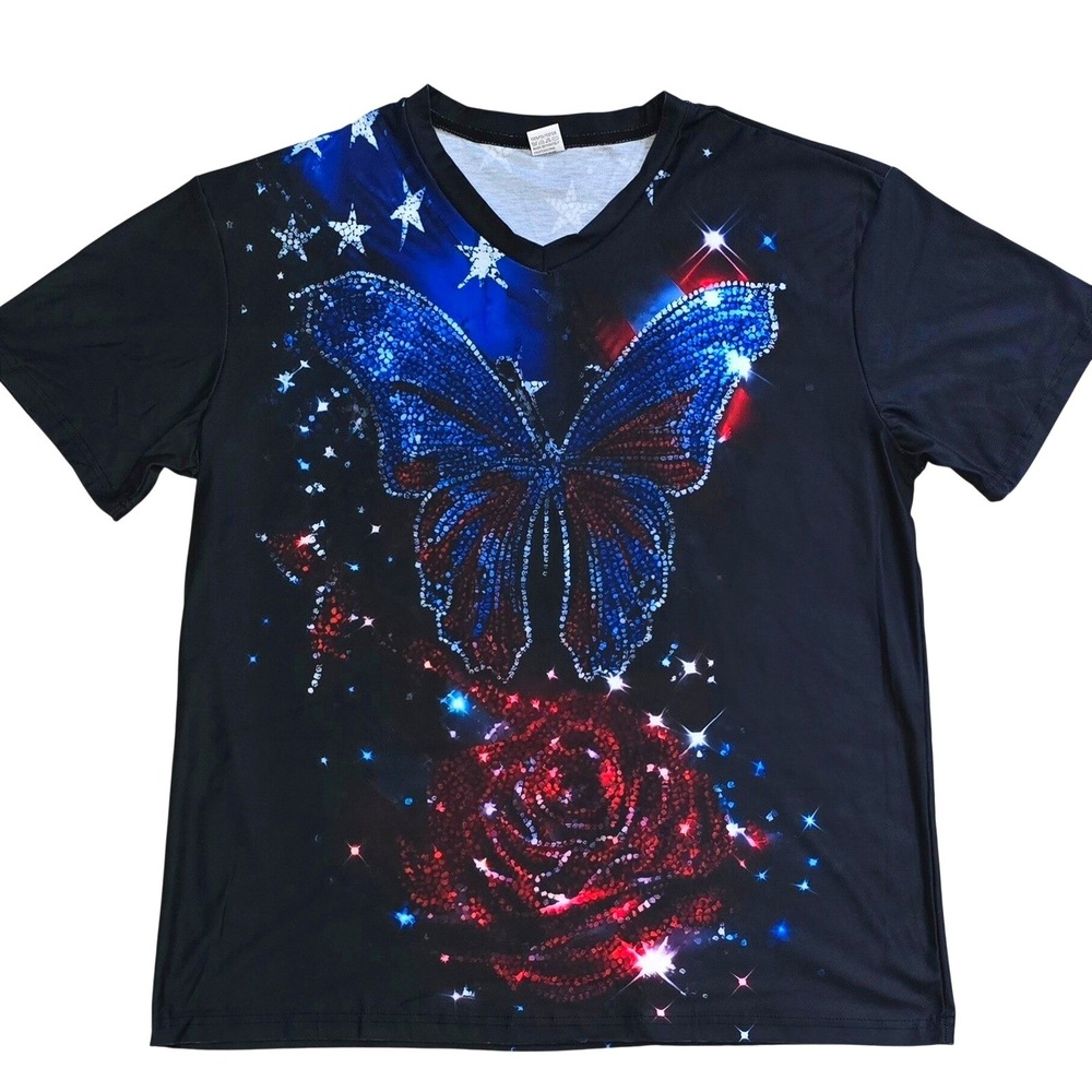 Patriotic Womens XL V-Neck T-Shirt‎ 4th of July Butterfly Rose Stars Navy NWOT